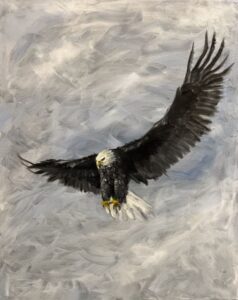 A painting of an eagle flying in the sky